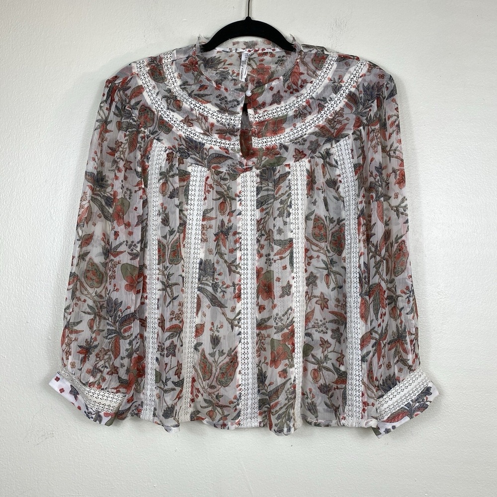 Feather Bone Blouse‎ Womens XS Floral Sheer Chiffon Boho Peasant Anthropologie
